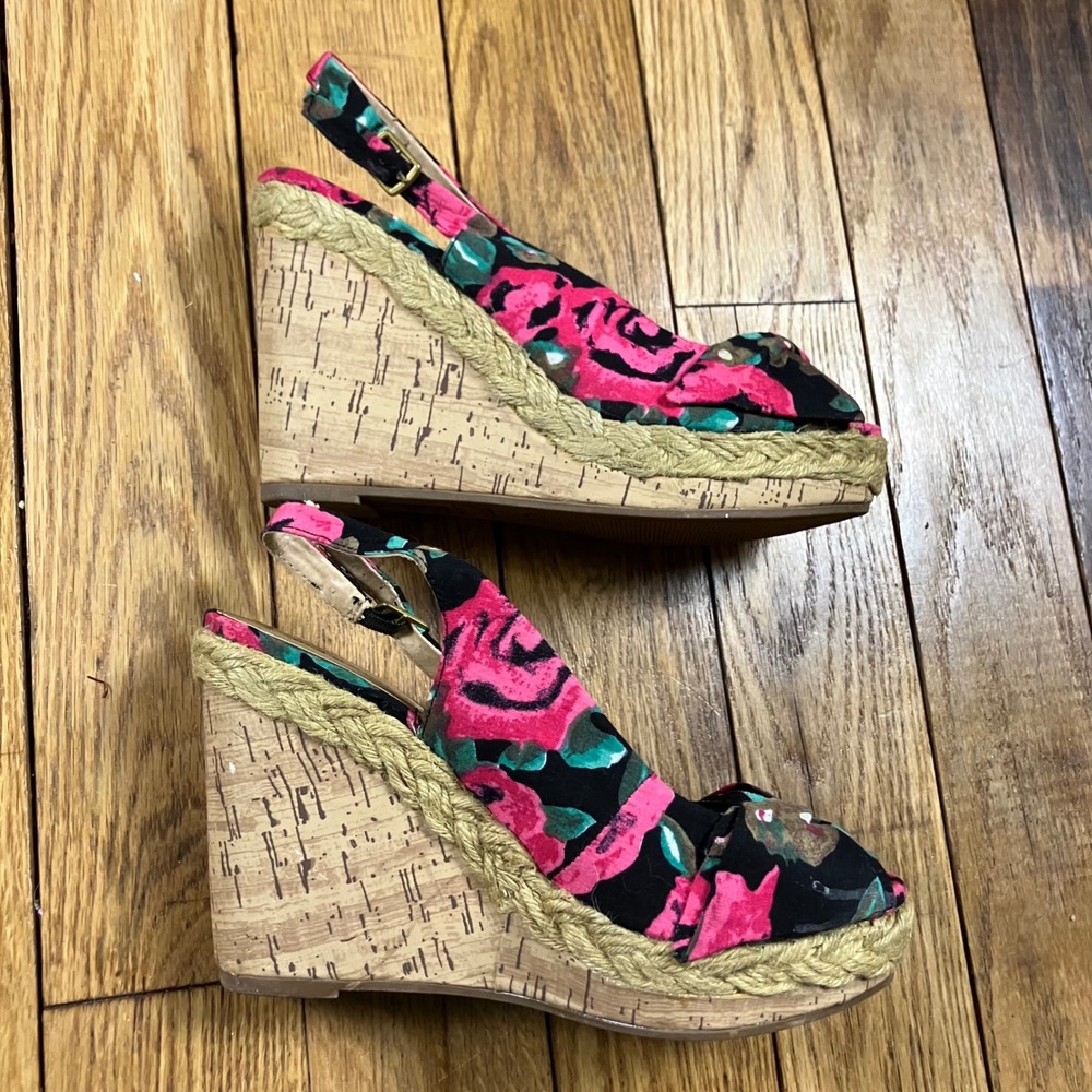 Madden Girl Floral Pink and Green Cork Wedge Sandals